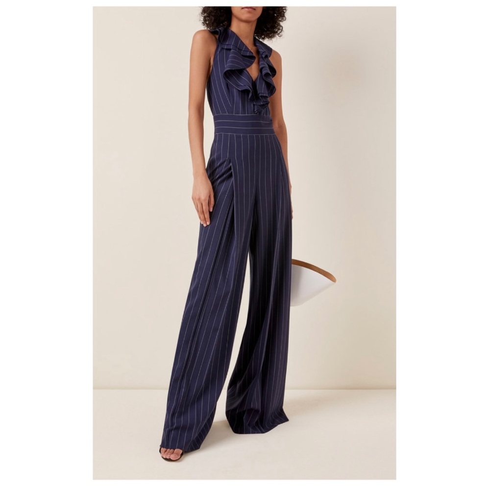 Ralph Lauren Purple Label Pinstripe Ruffle Halter Wide Leg Jumpsuit